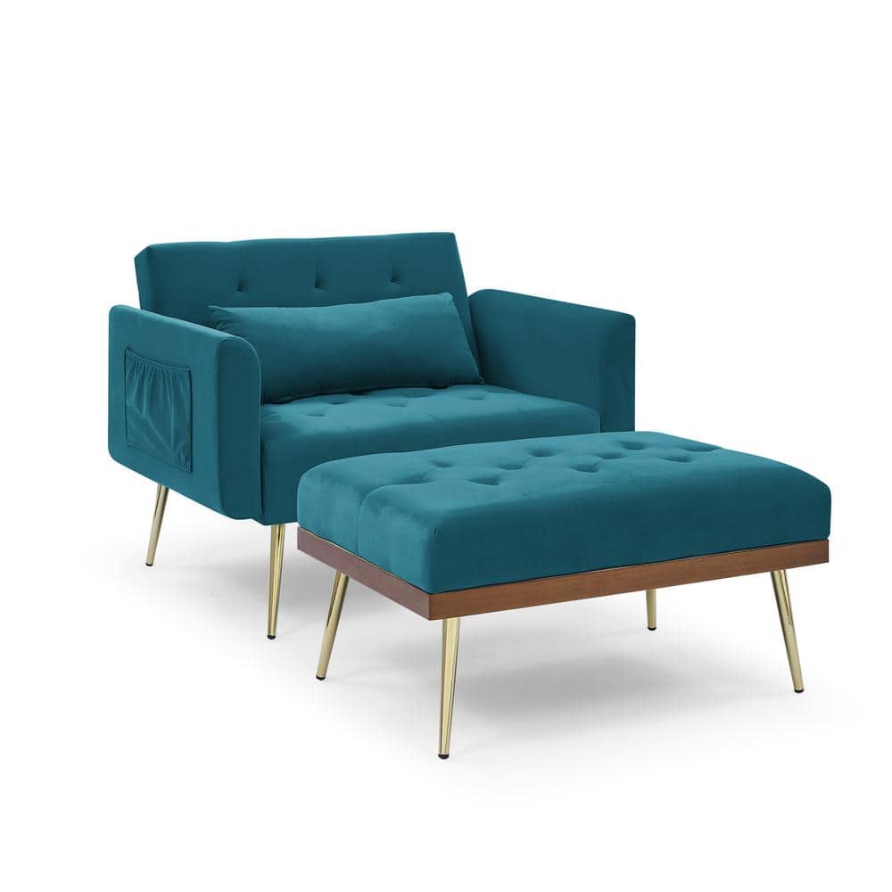 Modern Teal Blue Velvet Recline Sofa Chair with Ottoman