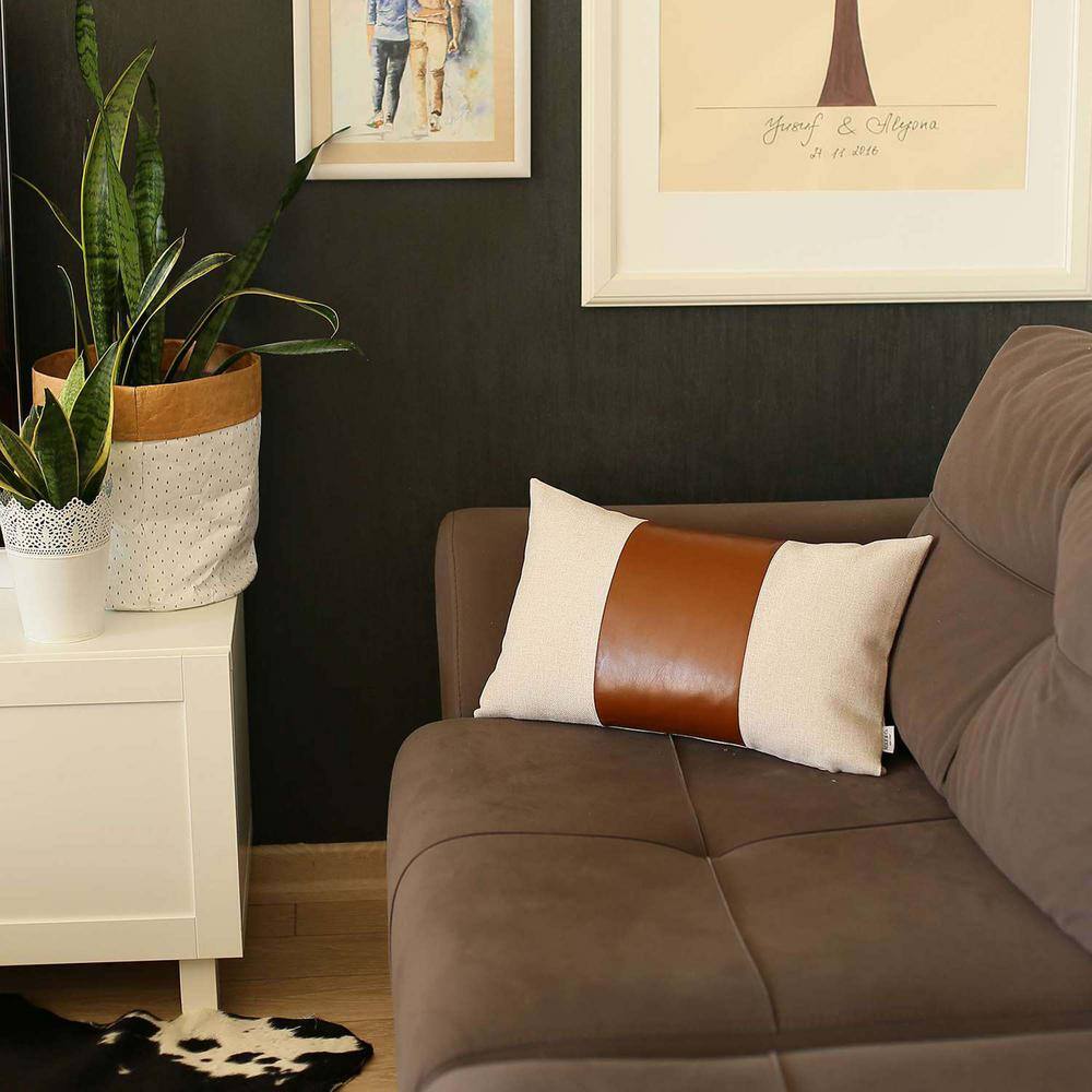 Ivory and Brown Faux Leather Lumbar Throw Pillow