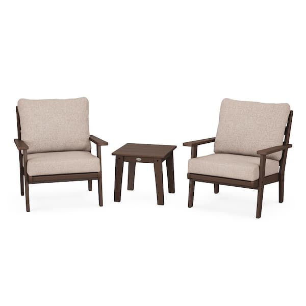POLYWOOD Grant Park Mahogany Plastic Patio Outdoor Lounge Chairs Set of 2 with Wheat Cushions and Side Table
