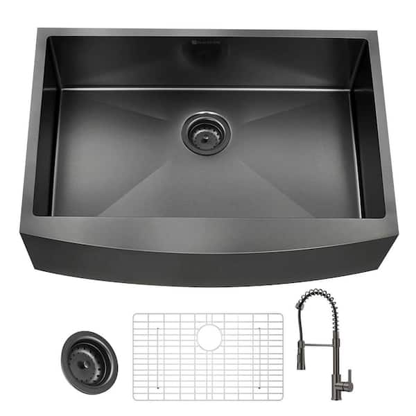 Glacier Bay 30 in. Farmhouse/Apron-Front Single Bowl 18 Gauge Gunmetal Black Stainless Steel Kitchen Sink with Spring Neck Faucet