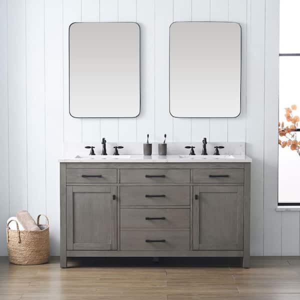 SUDIO Jasper 60 in. W x 22 in. D Bath Vanity in Textured Gray with Engineered Stone Top in Carrara White with White Sinks