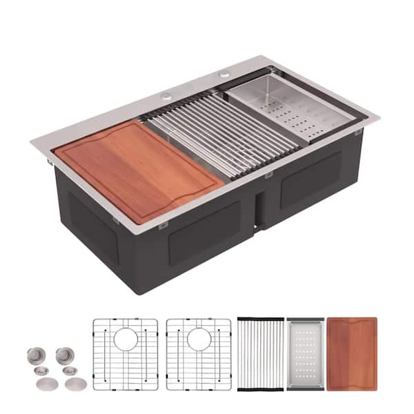 36x22 Inch Drop-In 50/50 Split Low Divide Double Bowl Kitchen Sink, 16 Gauge Stainless Steel  Workstation Top Mount Sink