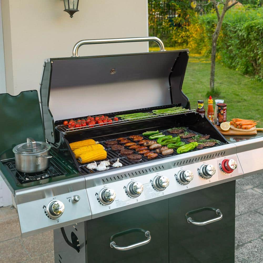 Olive Green Stainless Steel 6-Burner Propane Gas Grill with Side Burner