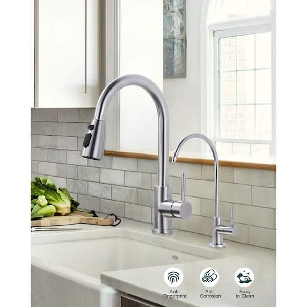 Single Handle Pull Down Sprayer Kitchen Faucet with Water Filter Faucet Stainless Steel in Brushed Nickel
