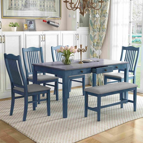 6-Piece Mid-Century Antique Blue Wood Top Dining Room Set with Drawer, Upholstered Chairs and Bench Seats 5