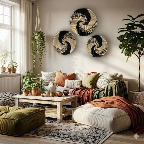 Litton Lane Seagrass Black Handmade Spiral Basket Plate Wall Decor (Set of 3)