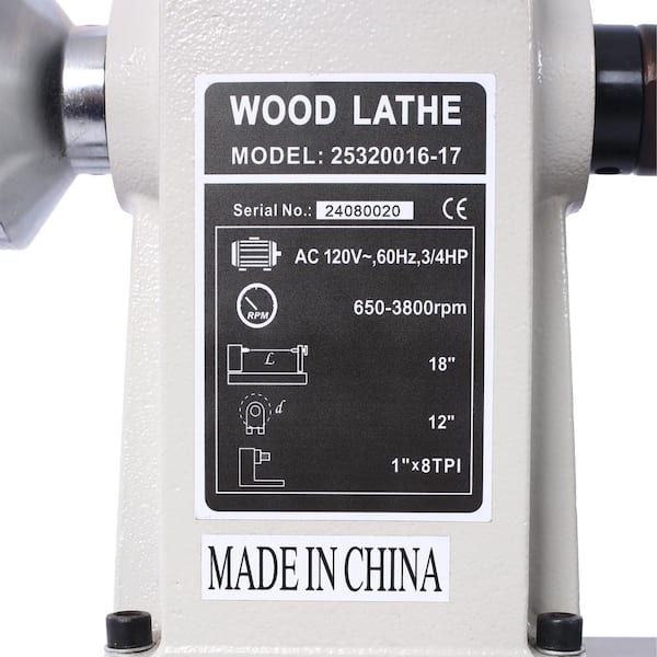 12 in. x 18 in. Wood Lathe, Benchtop Wood Lathe Machine 3/4 HP