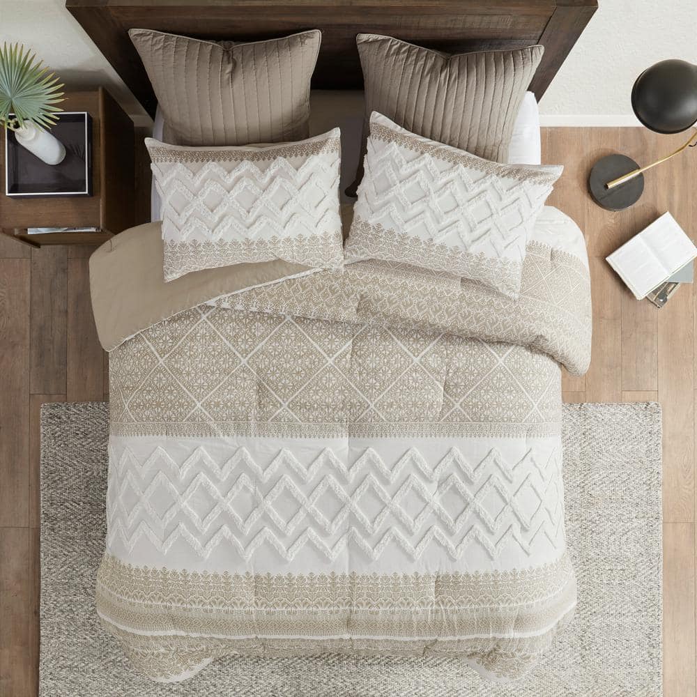 Taupe and White Cotton Full Comforter Set with Chenille Tufting