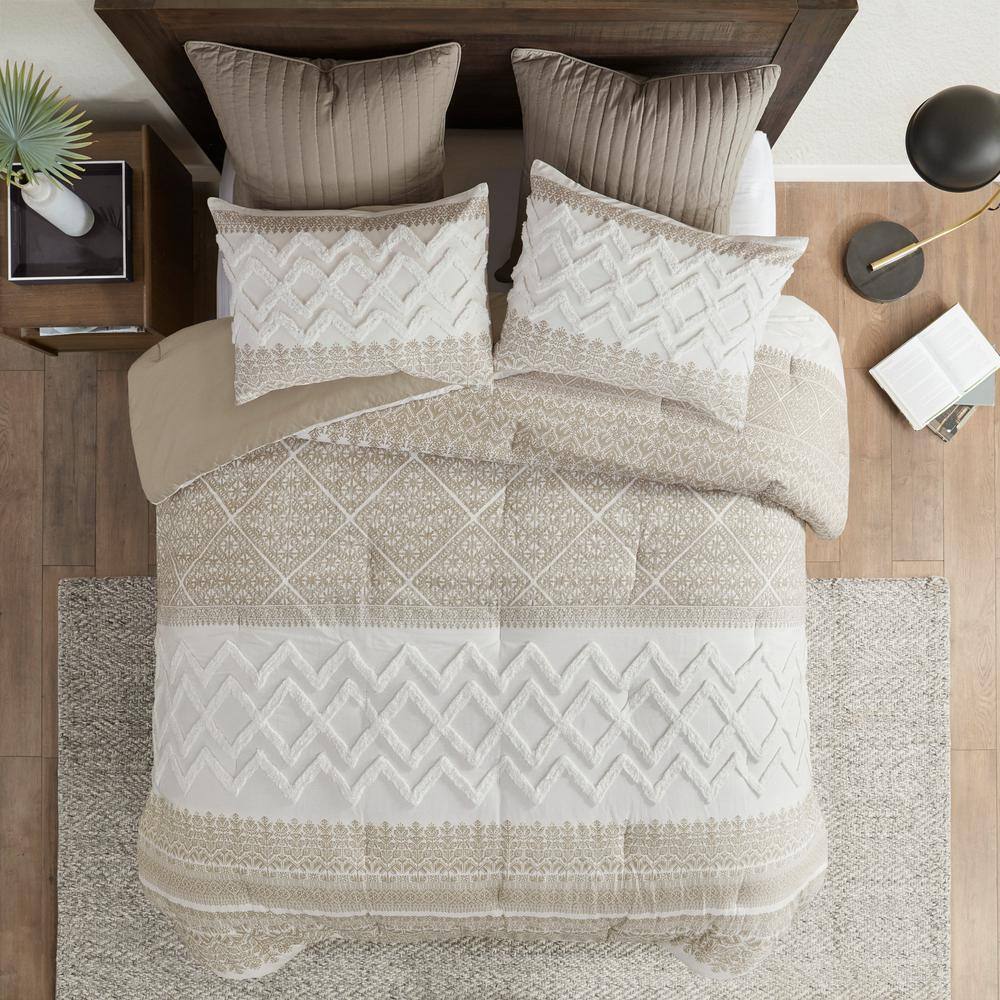 Mila Taupe Cotton King Comforter Set with Chenille Tufting