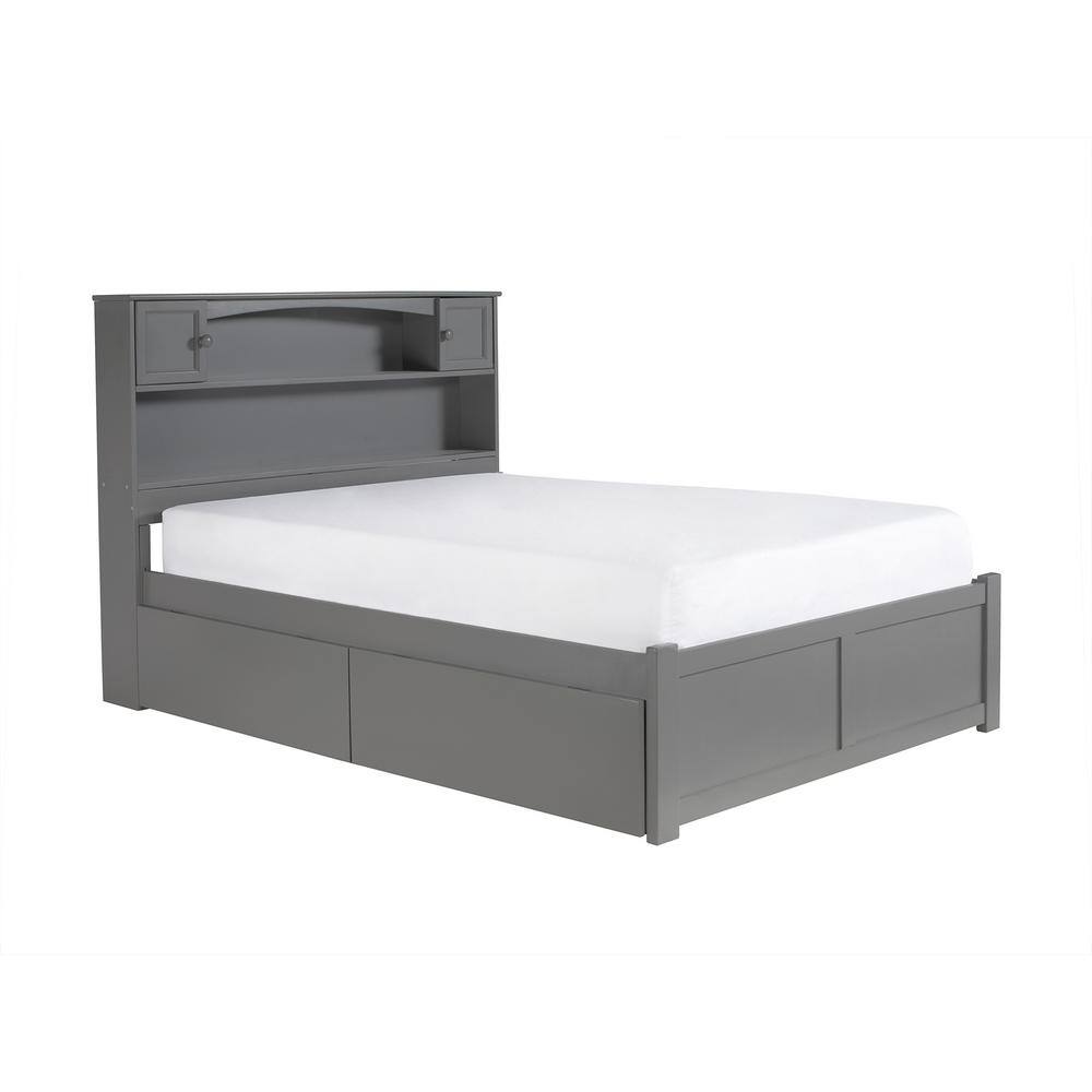 Gray Full Wood Platform Bed with Storage Drawers and Bookcase Headboard