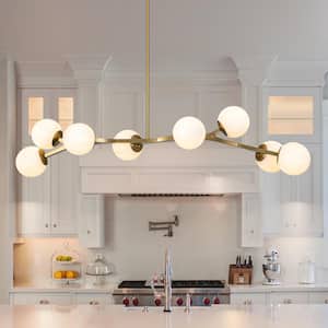 55.9 in. 8-Light Gold Sputnik Chandelier with White Opal Glass Shades for Dining Room