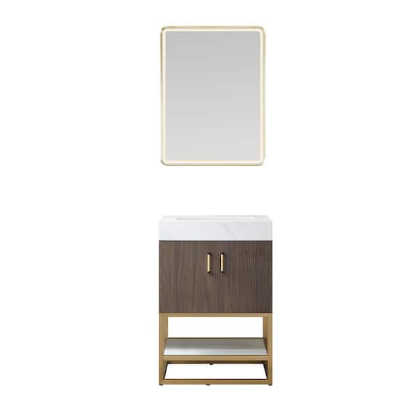 ROSWELL Toledo 24 in. W x 22 in. D x 34 in. H Single Sink Bath Vanity in Dark Walnut with White Composite Stone Top and Mirror
