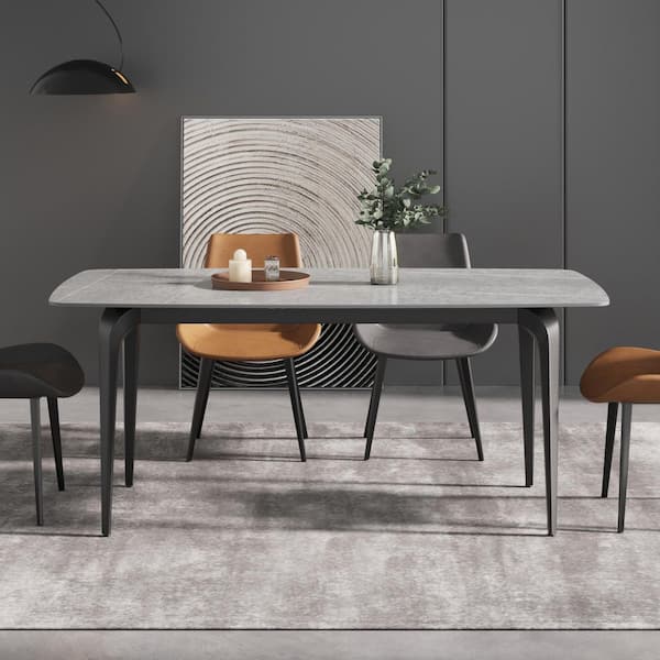 71 in. Rectangle Gray Round Edge Sintered Stone Top Black Metal 4 Legs Dining Table (Seats 8)