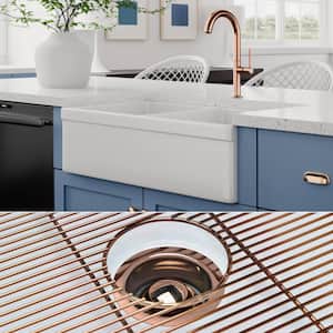 Luxury 33 in. Farmhouse/Apron-Front Double Bowl White Solid Fireclay Kitchen Sink with Rose-Gold Accs and Belt Front