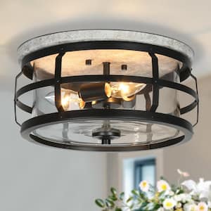 12.6 in. 3-Light Painted Black Modern Farmhouse Flush Mount Ceiling Light with Clear Glass