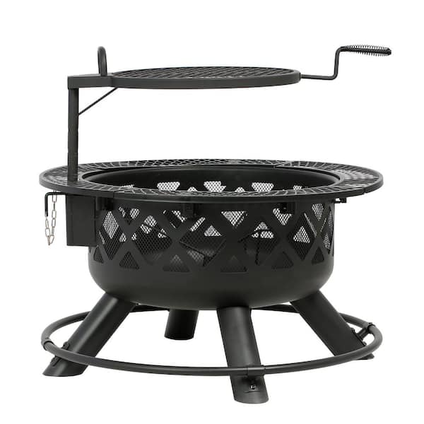 HeatMaxx Outdoor Wood Burning Fire Pit Backyard with Cooking Grill, 32 in. Black, Mini Ranch Fire Pit