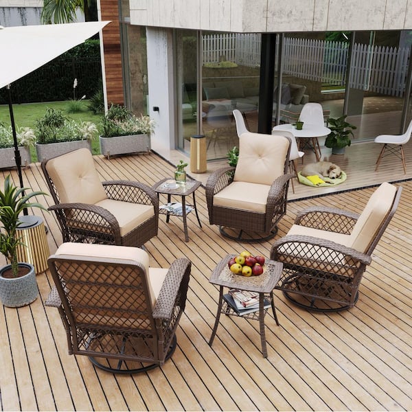 UPHA 6-Piece 360° Wicker Outdoor Rocking Chair Set with Brown Wicker with Off-White Cushions and Square Side Tables