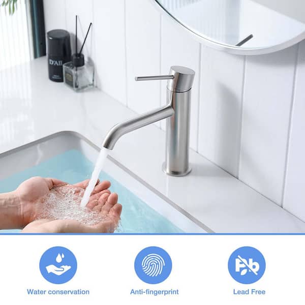 Modern Single Handle Single Hole Bathroom Faucet Deck Mount Spot Resistant in Brushed Nickel