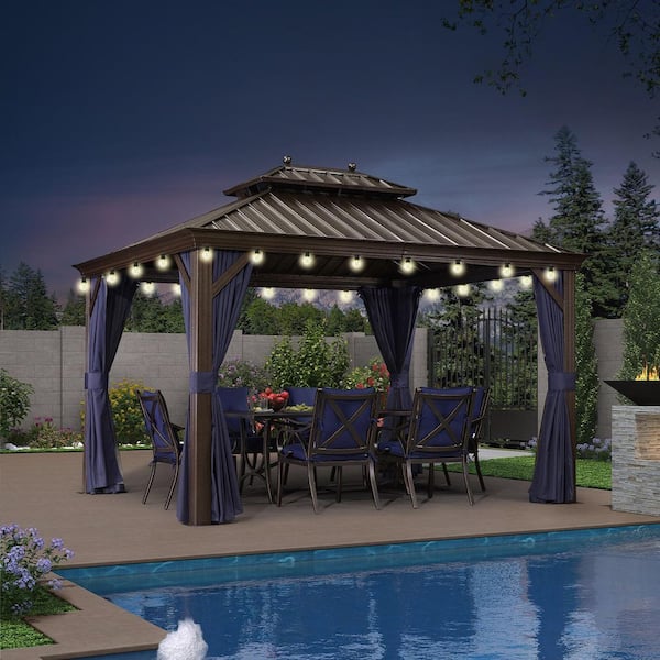 PURPLE LEAF 10 ft.x 12 ft.Bronze Patio Outdoor Gazebo for Backyard Hardtop Aluminum Frame with Hooks,Netting ,Blue Curtain,24 Lights