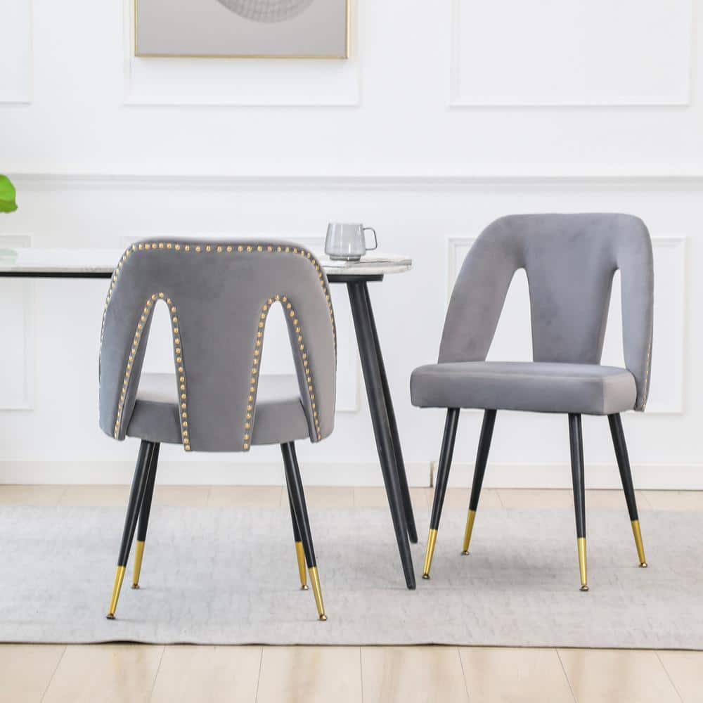 Modern Gray Velvet Upholstered Dining Chair with Nailheads and Metal Legs (