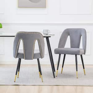 Modern Gray Velvet Upholstered Dining Chair with Nailheads and Metal Legs (Set of 2)