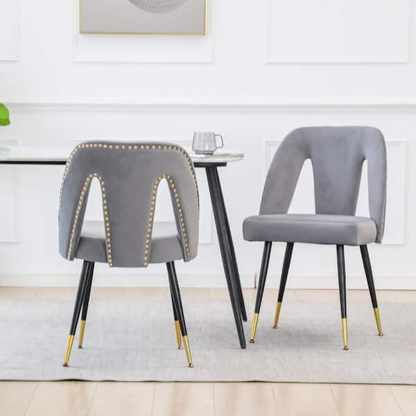 Unbranded Modern Gray Velvet Upholstered Dining Chair with Nailheads and Metal Legs (Set of 2)