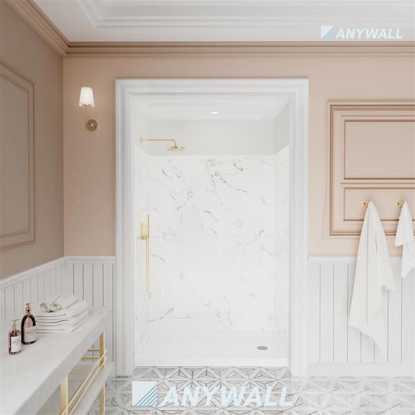 60 in. x 36 in x 84 in Alcove Simulated Marble Compound Shower Walls in White Marble