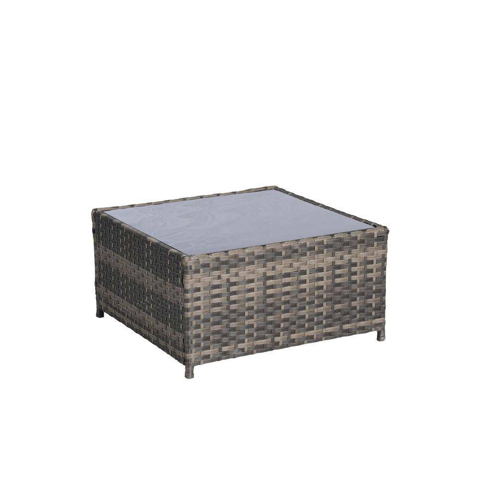Square gray wicker outdoor coffee table with a glass top.