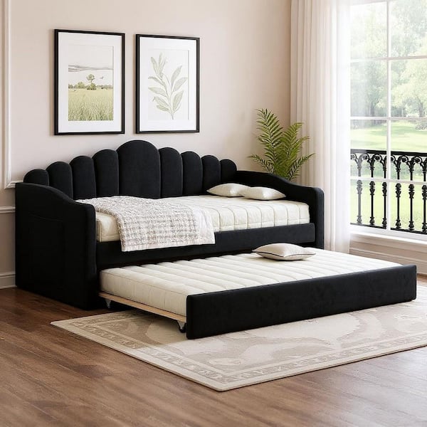 YDYKSF 81.3 in. Twin Size Velvet Daybed with Trundle, USB Charging Ports, and Storage Pockets in Slate Black