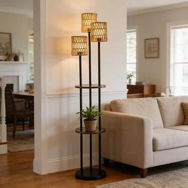 65 in. Black Boho 3-Light Tree Floor Lamp with Shelves and Rattan Shade for Living Room