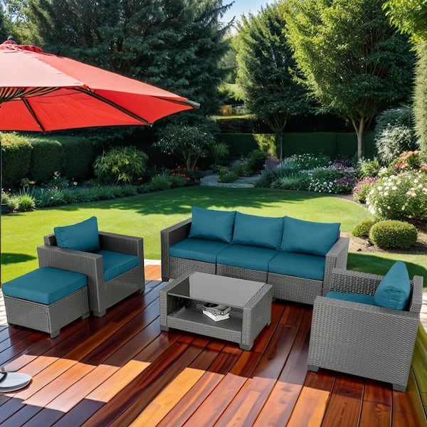 Unbranded Modern 7-Piece Black Wicker Patio Conversation Seating Set with Peacock Blue Cushions and Sloped Back