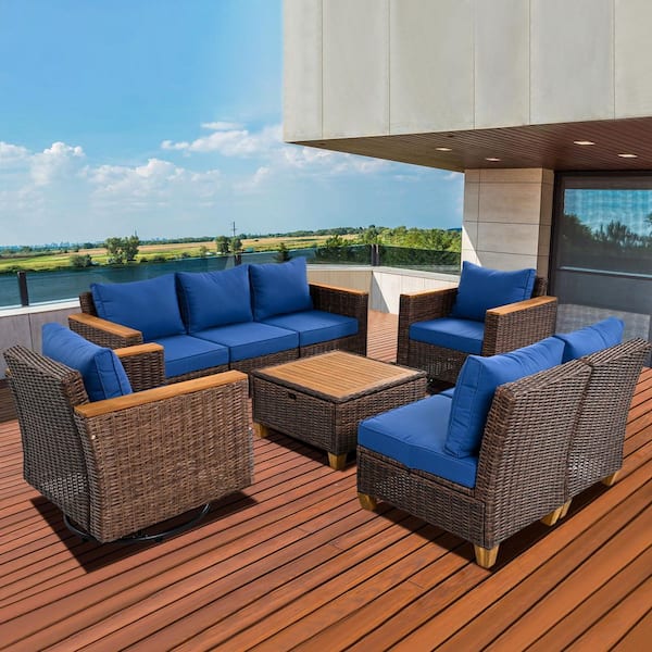 BOPOREA MEGO LLC 8-Piece Durable Wicker Outdoor Patio Conversation Set with Blue Cushions for Backyard, Porch, Garden
