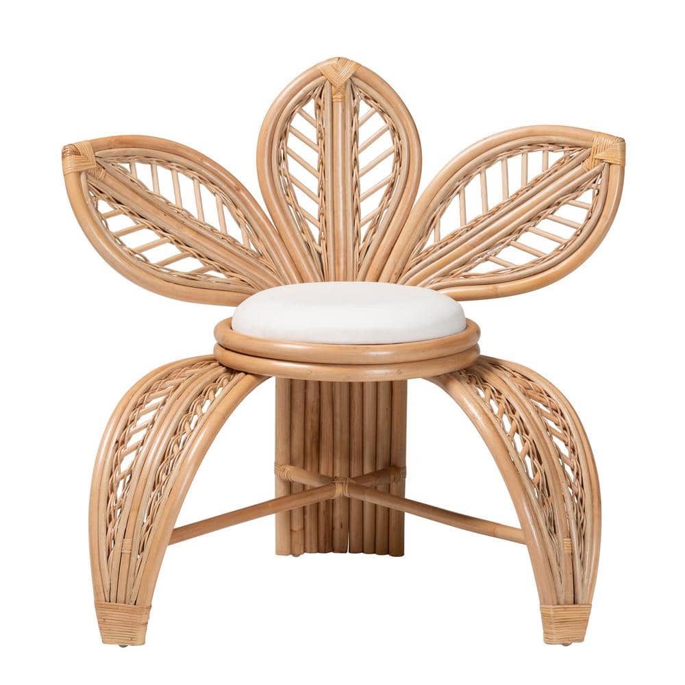 Handcrafted Natural Rattan Leaf Accent Chair with White Cushion