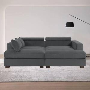 Modern 84 in. Square Arm Polyester Corduroy Upholstery Rectangle Chaise Deep-Seated Sleeper Sectional Sofa in. Grey