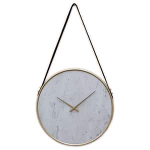 Decorative Contemporary Metal Wall Clock Marble Look Face Gold Rim and Handles for Dining Living or Kitchen