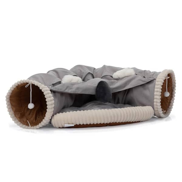 Tatayosi Gray Collapsible Cat Tunnel Bed, Washable Cat Bed with Hanging Toys and Cushion Mat, Medium