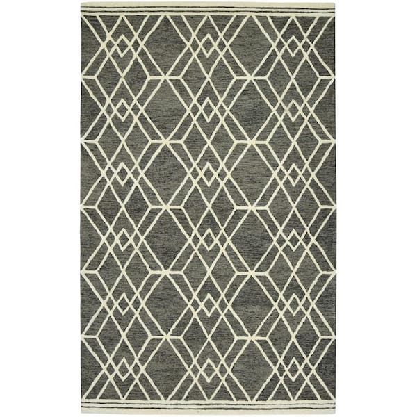 9 ft. x 13 ft. Dark Gray and Ivory Wool Geometric Hand Hooked Area Rug