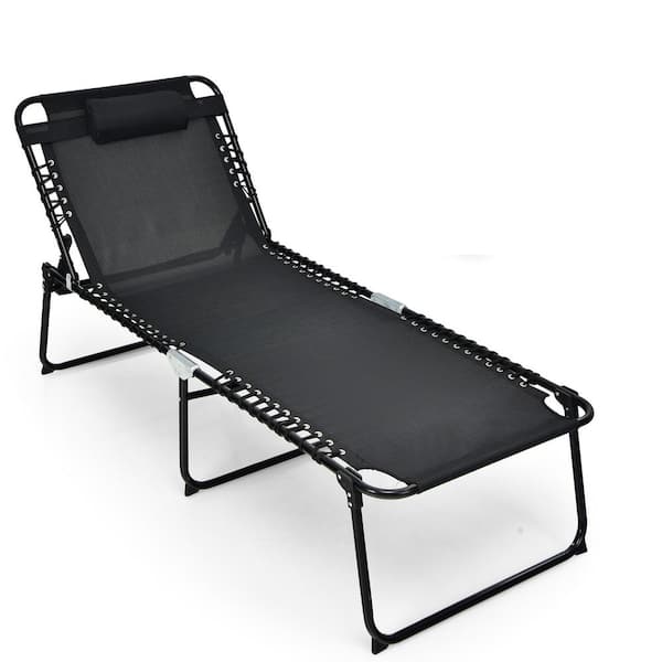 Gymax Black Metal Fabric Folding Reclining Lounge Chaise 4-Position Backrest Portable Beach Chair