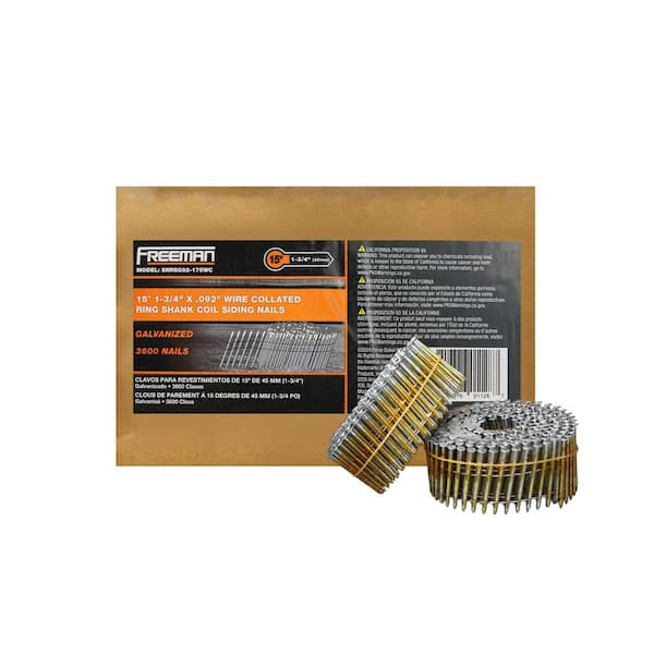 Freeman 15 Degree 1-3/4 in. Wire Collated Electrogalvanized Ring Shank Coil Siding Nails – 3,600 Count – For Siding and Roofing