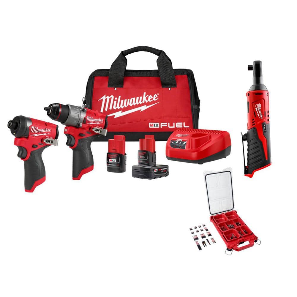 M12 FUEL 12V Cordless Hammer Drill/Impact 2-Tool Kit + M12 3/8 in. Ratchet with 100-Pc PACKOUT Bit Set Combo Kit price history on PriceWatchPro