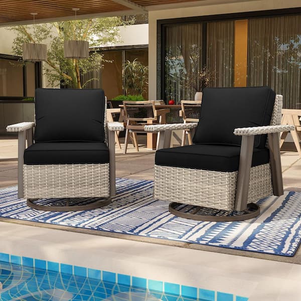 Brown Swivel Wicker Outdoor Lounge Chair Seating Set with Black Cushions (2-Pack)