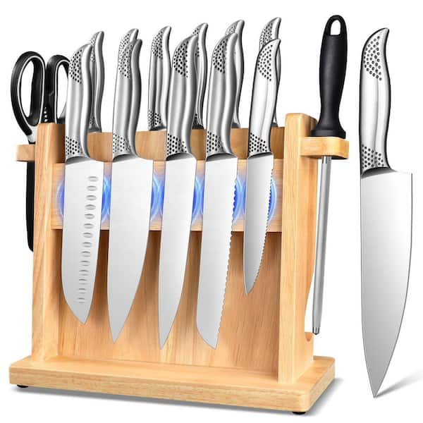 6-Piece High Carbon Stainless Steel Straight-Edge Kitchen Knife Set with Magnetic Wooden Holder, Full-Metal Handles