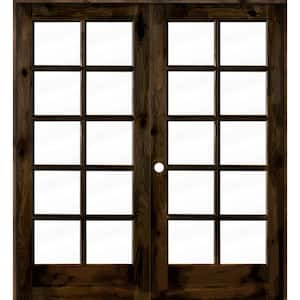 72 in. x 80 in. Knotty Alder Right-Handed 10-Lite Clear Glass Black Stain Wood Double Prehung French Door