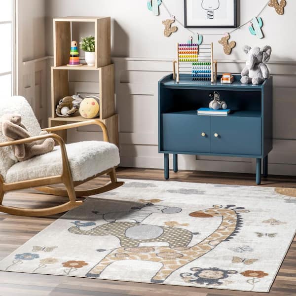 Cass Safari Kids Machine Washable Beige Doormat 3 ft. x 5 ft. Accent Rug