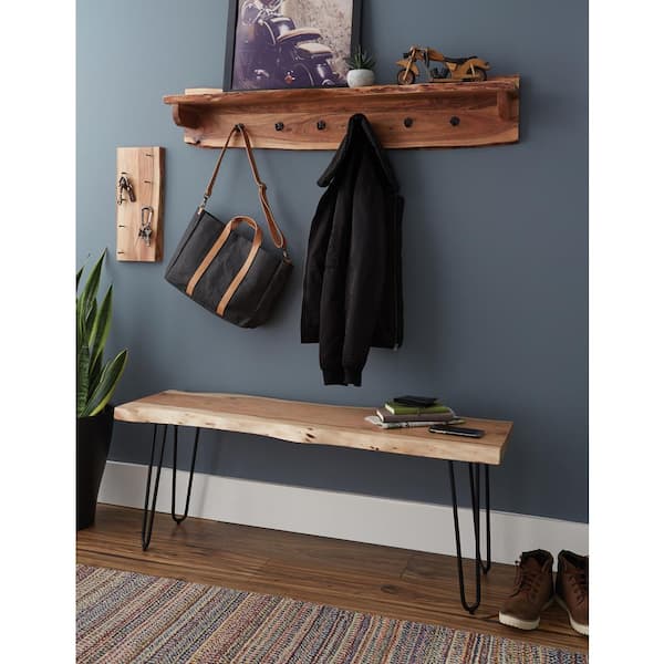 Alaterre Furniture Hairpin Natural Live Edge 48 Bench with Coat Hook Shelf Set