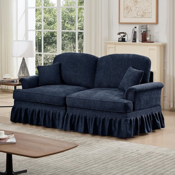 Jacob 76.4 in. Flared Arms Chenille Rectangle Sectional Sofa in Blue, Removable Ruffles Pleats Skirts