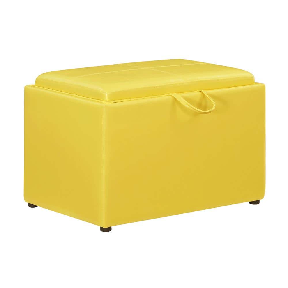 Modern Yellow Faux Leather Accent Storage Ottoman with Reversible Tray