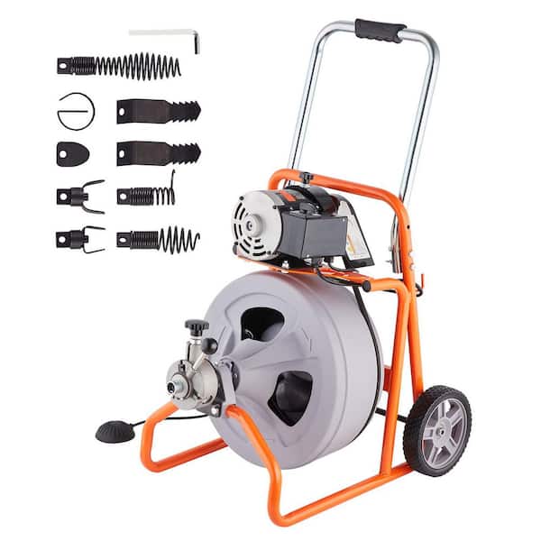 Drain Cleaner Machine 75FT. x 1/2 In., Auto Feed Sewer Snake Drain Auger on Wheels, Portable, with 8 Cutters & Switch