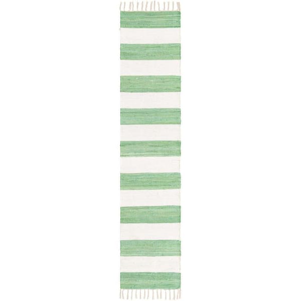 Unique Loom Chindi Rag Striped Green and Ivory 2 ft. 7 in. x 10 ft. Area Rug