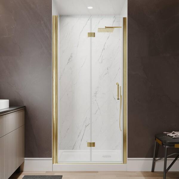 36-38 in. W x 72 in. H Bi Fold Frameless Shower Door in Brushed Gold with Clear Glass